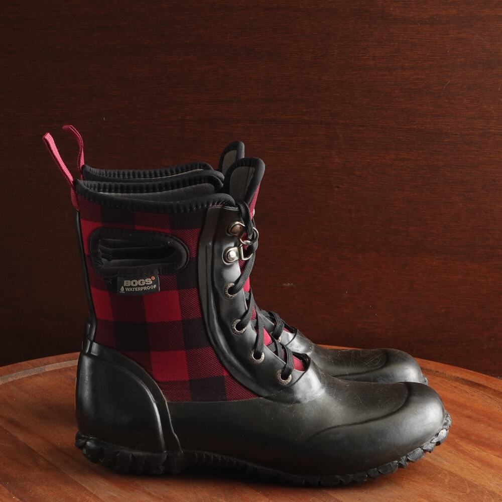 Bogs Boots Youth Size 4 BLK Red Sidney Lace Plaid Rain Waterproof Chore Outdoor